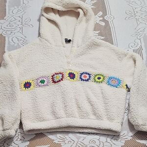Cider Cream Cropped Hoodie with Colorful Crochet Accents
